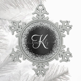 Custom Silver Glitter Black Sparkle Monogram Snowflake Pewter Christmas Ornament