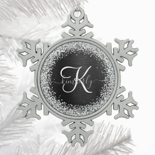 Custom Silver Glitter Black Sparkle Monogram Snowflake Pewter Christmas Ornament