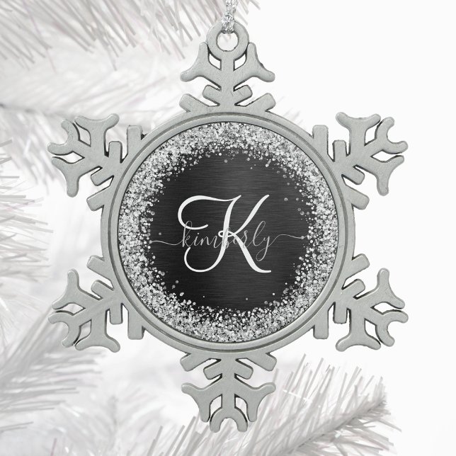 Custom Silver Glitter Black Sparkle Monogram Snowflake Pewter Christmas Ornament (Creator Uploaded)
