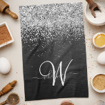 Custom Silver Glitter Black Sparkle Monogram Tea Towel<br><div class="desc">Easily personalise this trendy elegant kitchen towel design featuring pretty silver sparkling glitter on a black brushed metallic background.</div>
