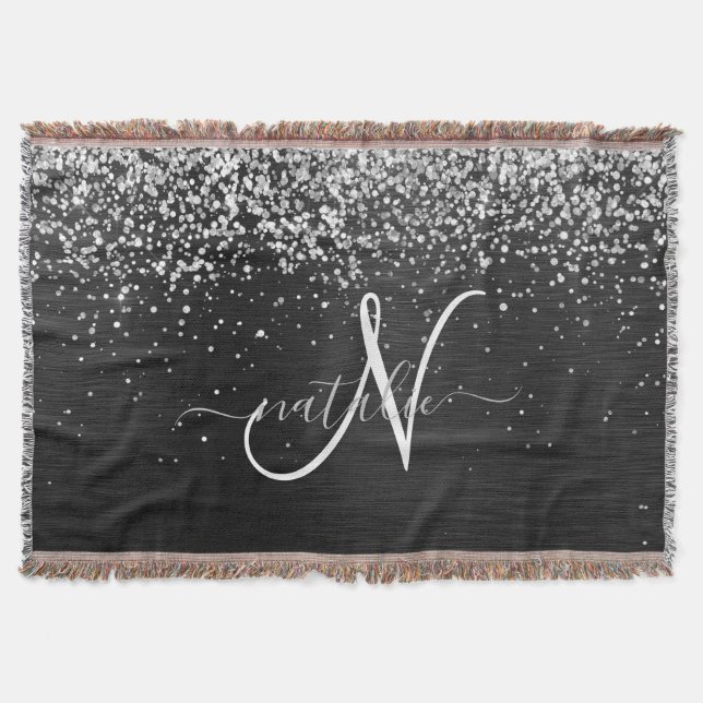 Custom Silver Glitter Black Sparkle Monogram Throw Blanket (Front)