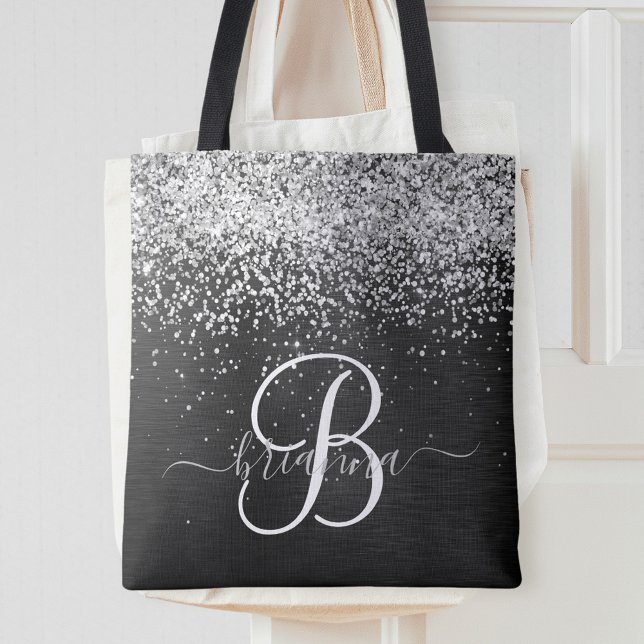 Custom Silver Glitter Black Sparkle Monogram Tote Bag (Creator Uploaded)