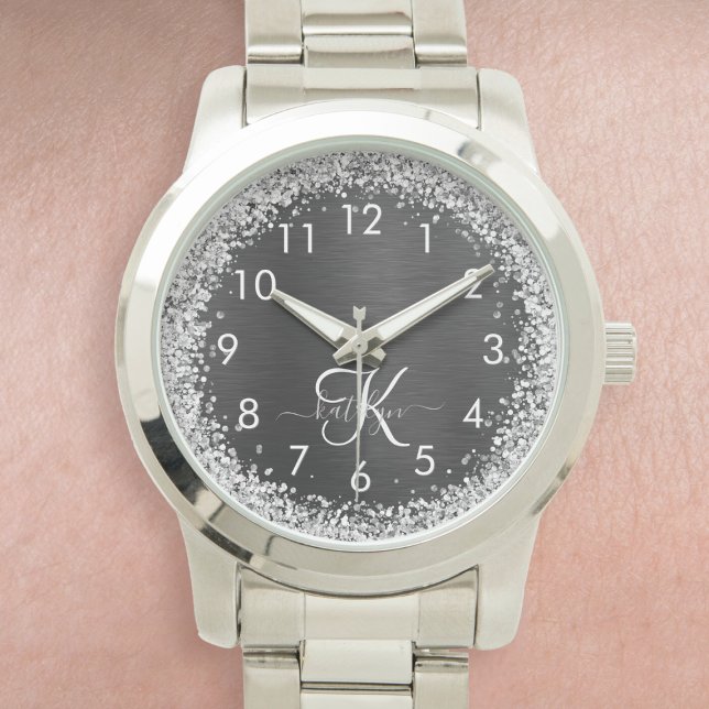  Custom Silver Glitter Black Sparkle Monogram Watch (Creator Uploaded)