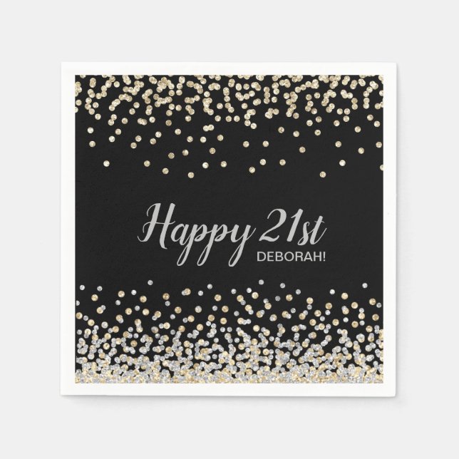 Custom Silver Gold Confetti 21st Birthday Party Napkin (Front)