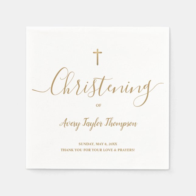 Custom SImple Gold Cross Christening Script  Napkin (Front)