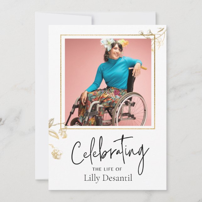Custom Simple Gold Flower Funeral Memorial Program Invitation (Front)