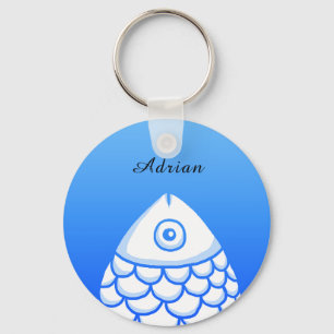 Custom Simple Koi Carp Fish Blue White Abstract Key Ring