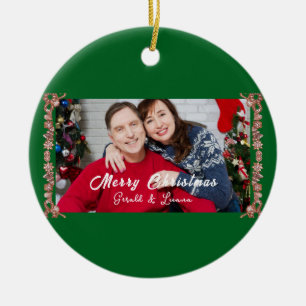 Custom Simple Monogram Green Christmas Photo  Ceramic Tree Decoration