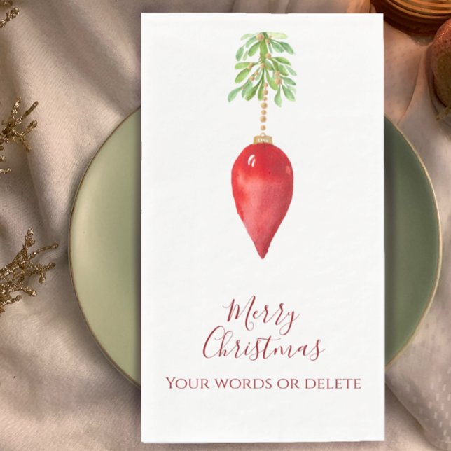 Custom Simple Red Watercolor Greenery Christmas Napkin (Custom Christmas dinner party napkins, unique watercolor red greenery bauble, simple modern.)