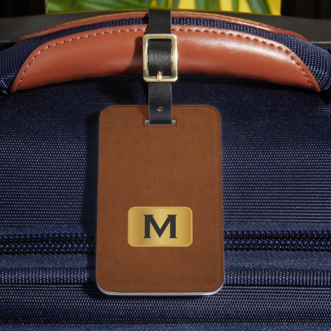 Custom Simple Sable Leather Gold Monogram  Luggage Tag (Front Insitu 2)