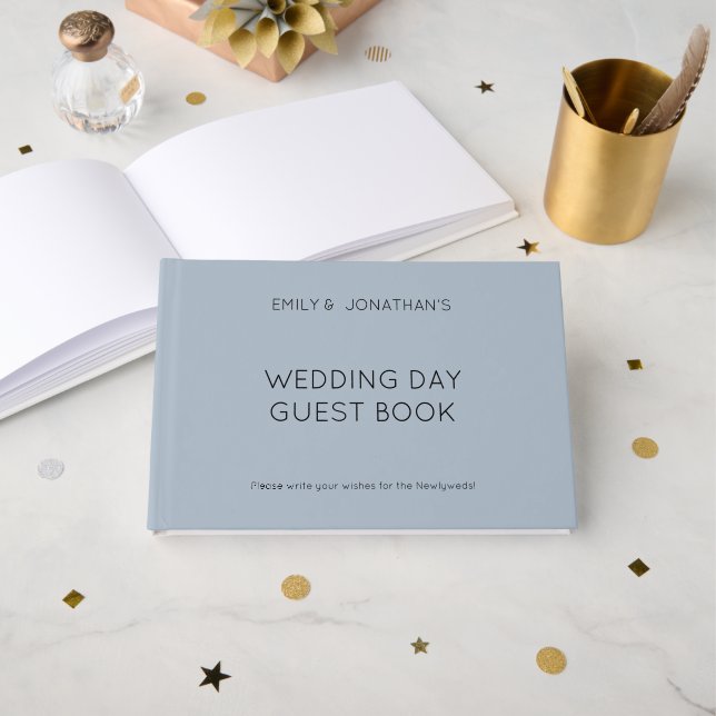 Custom Simple Typography Dusty Blue Wedding Day Guest Book (Front Open)