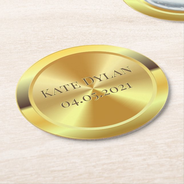 Custom Simulated Engraved Gold Round Paper Coaster (Angled)