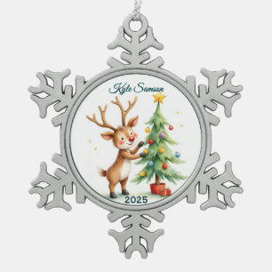 Custom Single Reindeer And Xmas Tree Snowflake Pewter Christmas Ornament