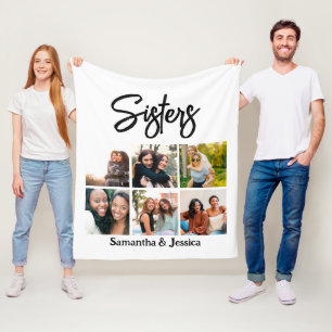 Custom Sisters Script 6 Photo Collage Fleece Blanket