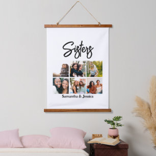 Custom Sisters Script 6 Photo Collage Hanging Tapestry