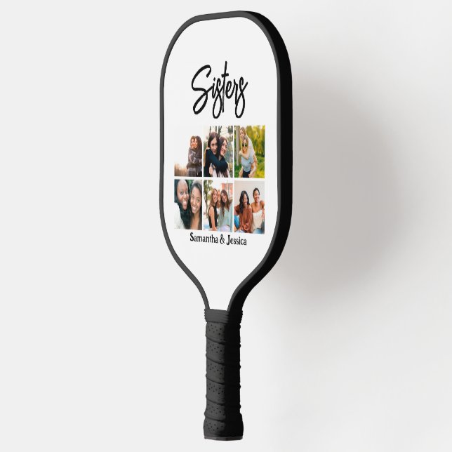 Custom Sisters Script 6 Photo Collage  Pickleball Paddle (Left)