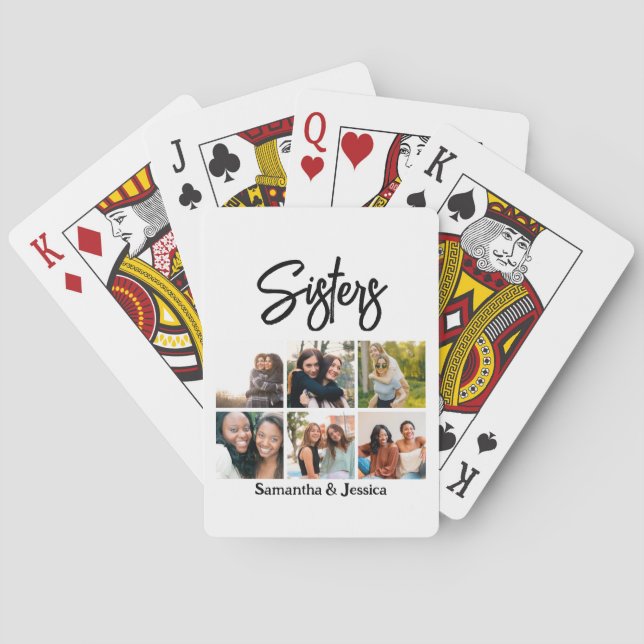 Custom Sisters Script 6 Photo Collage Playing Cards (Back)
