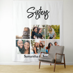 Custom Sisters Script 6 Photo Collage Tapestry