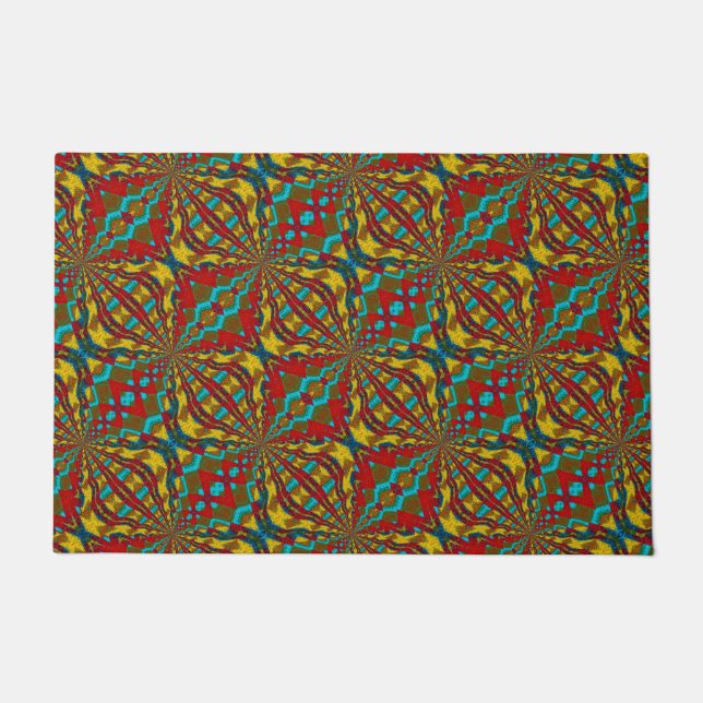  Custom Size Red Teal & Yellow Tribal Dog Bowl Mat (Front)