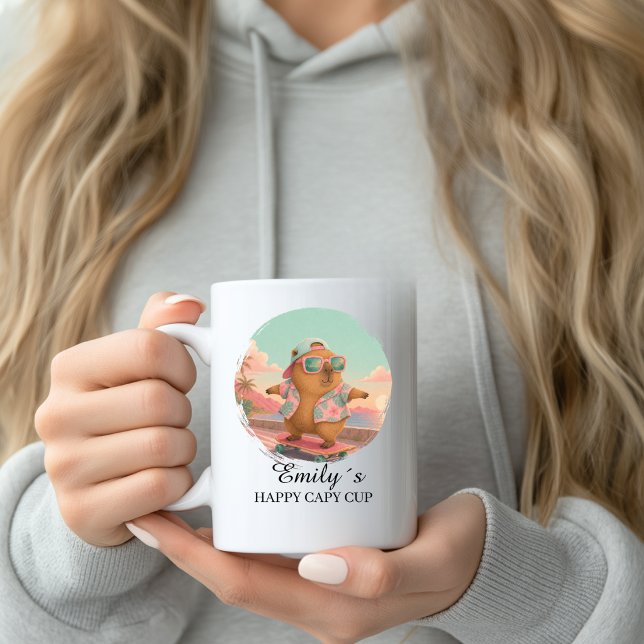 Custom Skateboard Happy Capybara Mug with Name (Custom Skateboard Capybara Cup Name Custom Mug with your Name & Text.)