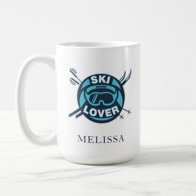 Custom Ski Lover Snow Sports Name Coffee Mug (Left)