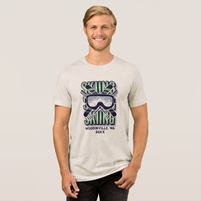 Custom Ski Skiing Location Date Name Tri-Blend Shirt (Front Full)