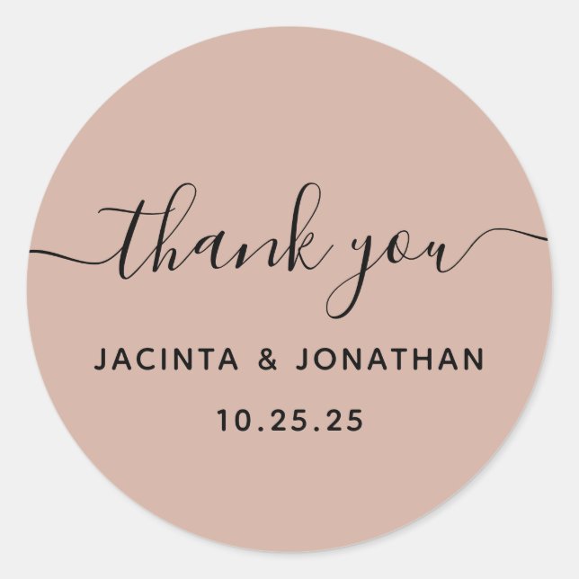 Custom Skin Beige BlackThank You Wedding Classic Round Sticker (Front)