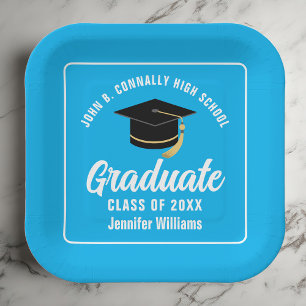 Custom Sky Blue Graduation Party Square Paper Plate