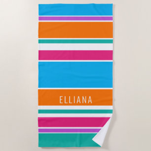 Custom Sky Blue Hot Pink Orange White Stripes Beach Towel