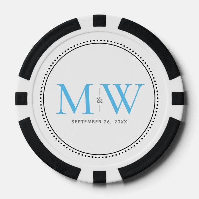 Custom Sky Blue Monogrammed Wedding Date Poker Chips (Front)