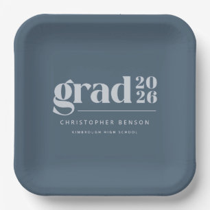 Custom Slate Blue 2026 Grad Graduation Paper Plate