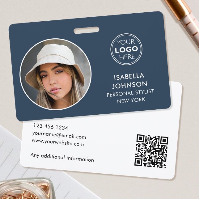 Custom Slate Blue ID Badge Modern Round Photo  (Creator Uploaded)