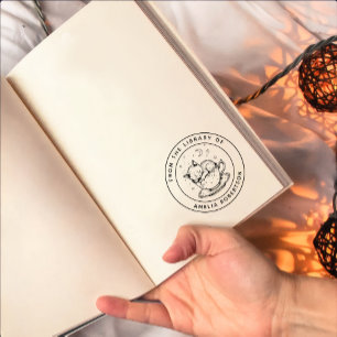 Custom Sleeping Kitten in a Teacup Bookplate Stamp