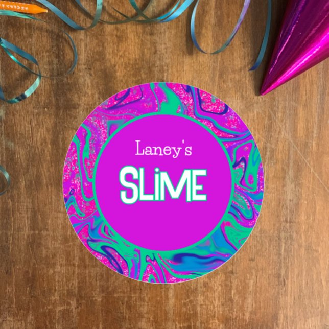 Custom Slime Label, Cool Groovy Slime Party Classic Round Sticker (Customize this template label, vibrant purple n teal with faux glitter for slime party or homemade)