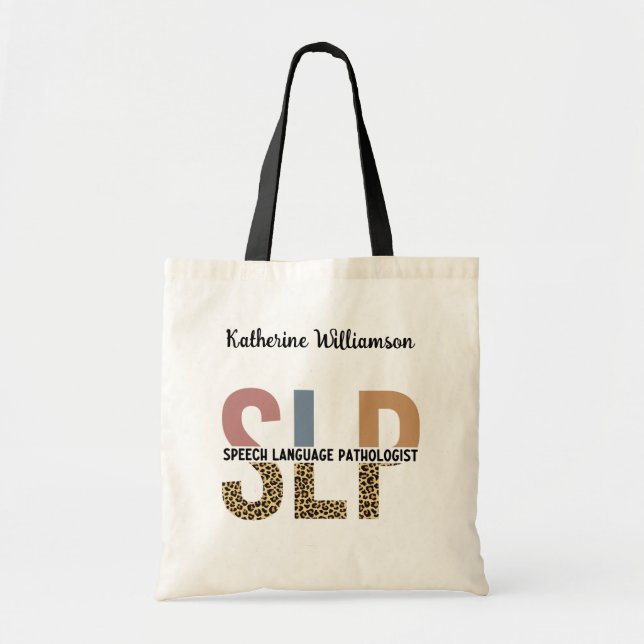 Custom SLP Speech Pathologist Leopard Print Tote Bag (Front)