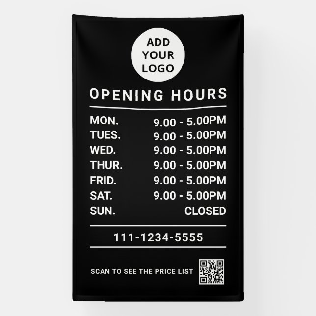 Custom Small Business Opening Hours logo & qr code Banner (Vertical)