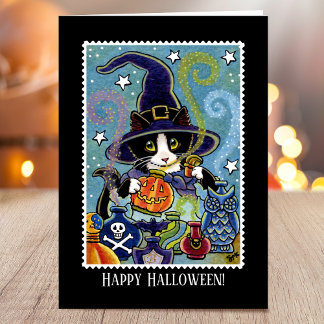 Custom "Smell of Halloween" Cat Witch Card
