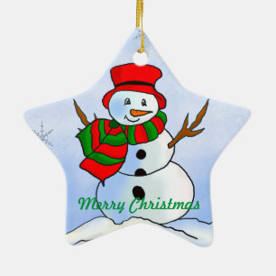 Custom snow man on blue background and snowflakes ceramic tree decoration