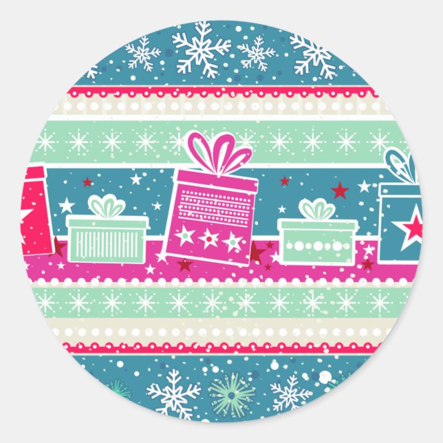Custom Snowflakes and Presents Classic Round Sticker (Front)