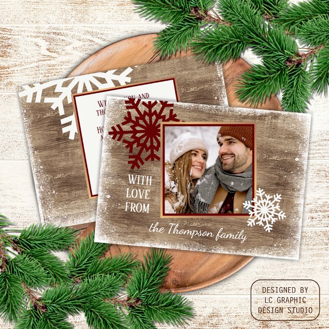 Custom Snowflakes & Barnwood Wooden Planks Pattern Holiday Card (Creator Uploaded)