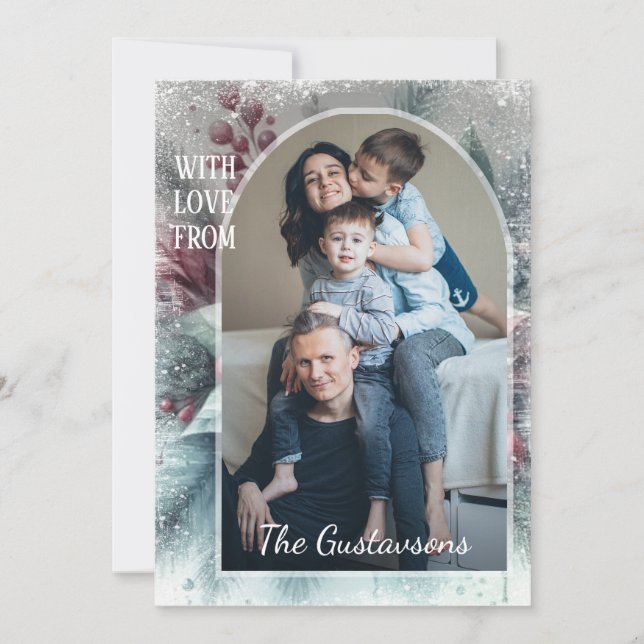 Custom Snowflakes & Chic Botanical Holiday Wreath Card (Front)