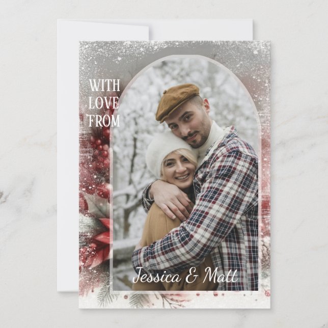 Custom Snowflakes & Chic Botanical Holiday Wreath Card (Front)