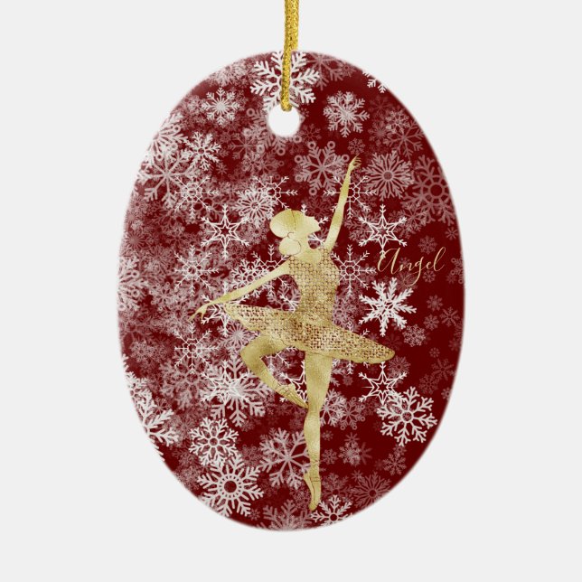 Custom Snowflakes Gold Foil Red Ballerina Dance   Ceramic Tree Decoration (Front)