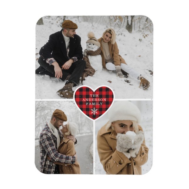 Custom Snowy Red Buffalo Plaid Photo Christmas Magnet (Vertical)