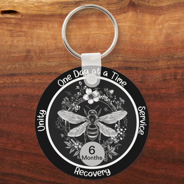 Custom Sobriety Anniversary Gift - Bee and Floral Key Ring (Front)