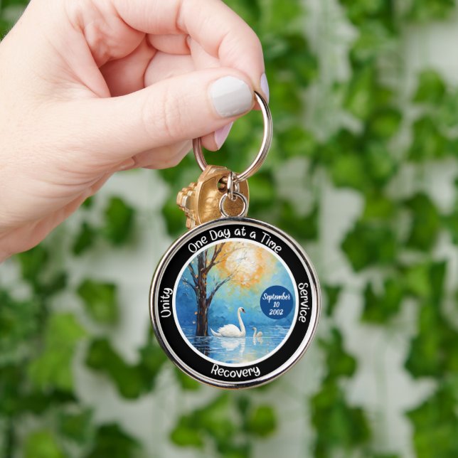 Custom Sobriety Milestone Gift - Swan In Lake Key Ring (Hand)