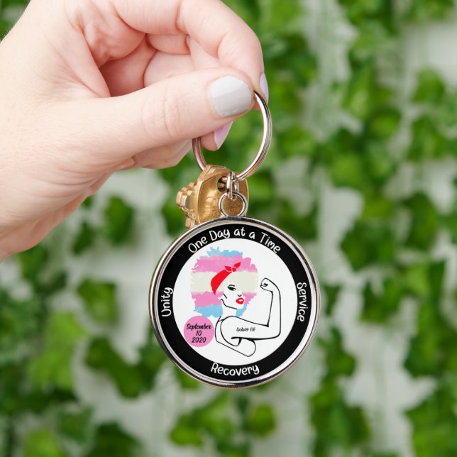 Custom Sobriety Milestone Gift – Trans Pride Key Ring (Hand)