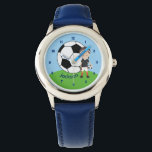 Custom Soccer Boy Watch<br><div class="desc">Cool customised soccer kids watch featuring a boy holding a ball on a green field and blue sky behind him. Personalise this sports room decor with your child's name underneath the giant soccer ball.</div>