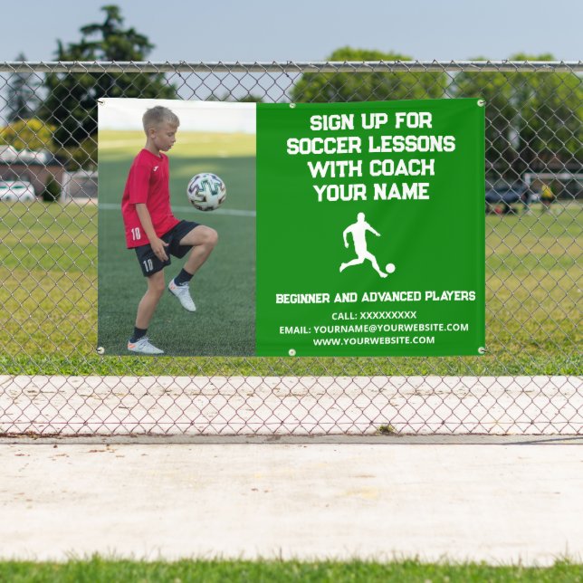Custom Soccer Football Coaching Class Lesson Green Banner (Insitu)