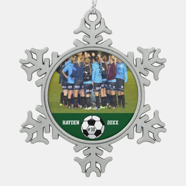 Custom Soccer Photo Collage Name Team Number Snowflake Pewter Christmas Ornament (Front)